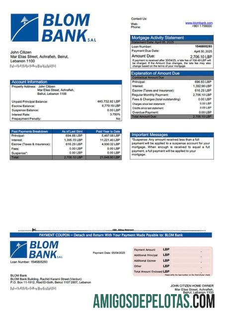em branco Modelo Word e PDF de extrato de hipoteca do Banco BLOM do Líbano